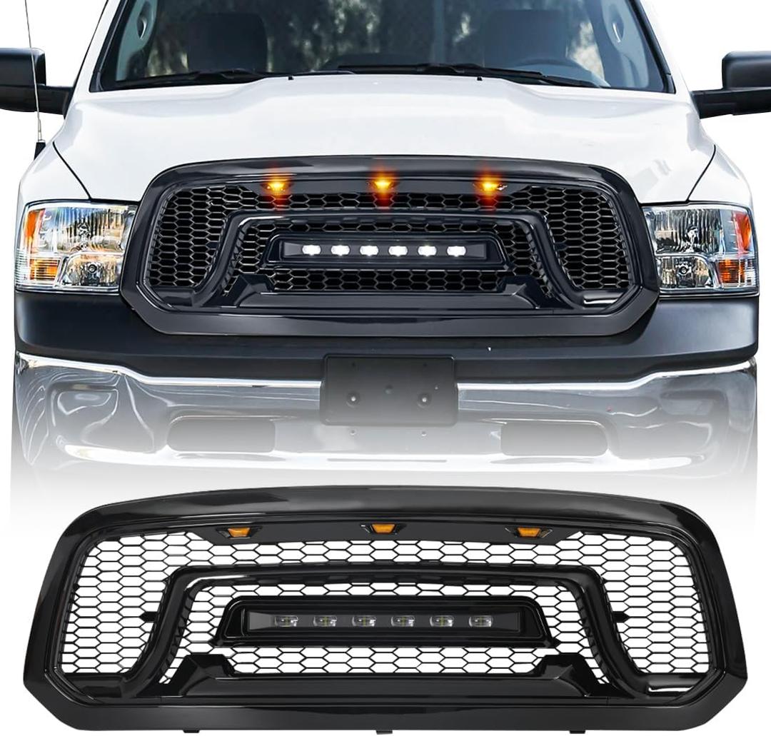 Front Grill Compatible with 2013-2018 Dodge Ram 1500, 2019-2023 Ram 1500 Classic, Glossy Black Bumper Grille w/Off-Road Lights