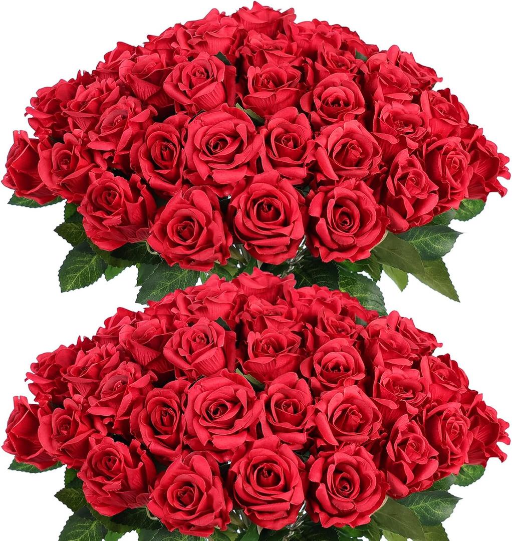 FOTEEWL 60 Pcs Artificial Rose Flower Realistic Faux Silk Roses Stem Fake Roses Bouquet for Flower Arrangement,Wedding Centerpieces,Party,Home Decorations (Burgundy)