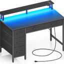 Seventable Computer Desk with Power Outlets & LED Light, 39 inch Home Office Desk with 5 Drawers, Writing Desk with Monitor Stand,Work Desk for Home Office, Black