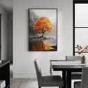Framed Orange and Grey Fall Tree Forest Lake Landscape Wall Art, 24x36 In