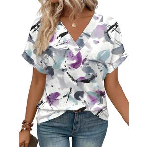 WIHOLL Womens Summer Tops Short Dolman Sleeve Shirts 2025 Fashion V Neck Outfits Clothes (3X-Large, 3-purple Printed)