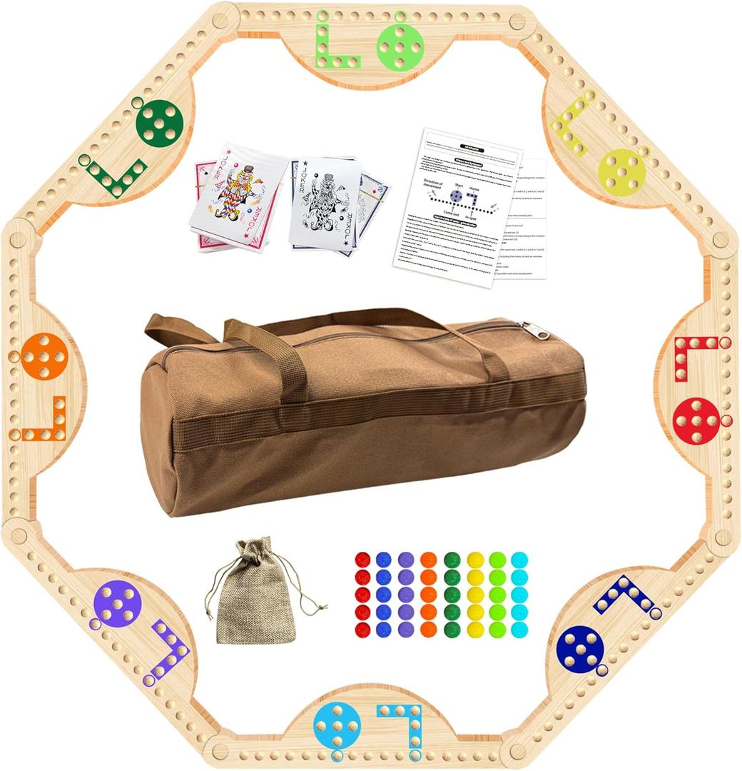 Solid Wood Marbles and Jokers Board Game: Versatile Family Entertainment for 2-8 Players, Featuring Interlocking Game Boards, Multiple Colors, Marbles, and Card Decks Ideal for Parties and Game Nights