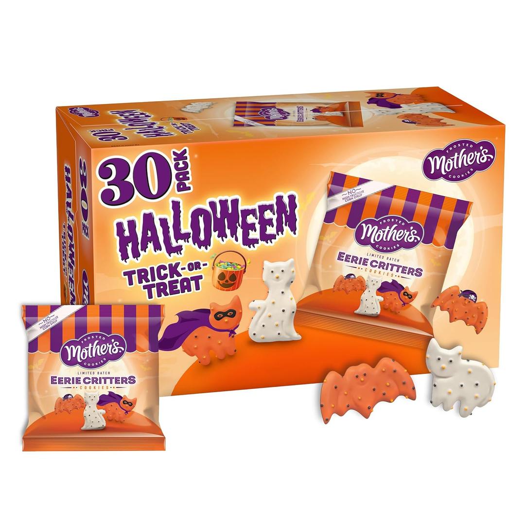 Mothers Circus Halloween Animal Cookies, Snack Pack Halloween Treats for Kids, Individually Wrapped Halloween Cookies, Cats and Bats Frosted Animal Cookies with Sprinkles, 30ct Box