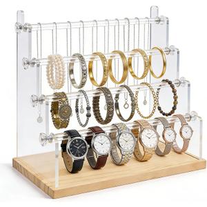 4-Tier Bracelet Holder Stand with Wood Base, Acrylic Jewelry Organizer & Display for Necklaces, Bangles, Watches, Multi-Functional Jewelry Storage for Home and Store Display