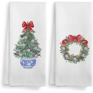 2 x Chinoiserie Christmas Bow Tree Kitchen Towels and Dishcloths Set of 2, Red Bow Hand Towels, Preppy Christmas Wreath Drying Cloth Hand Towels Tea Towels for Bathroom Kitchen, 1624 Inches