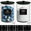 2 Pack 1 Gallon Glass Laundry Detergent Dispenser for Powder, 4L Large Laundry Pods Holder with Hygienic Plastic Lids & Metal Rim, Airtight Glass Canister Set with Scoops & Labels, Black