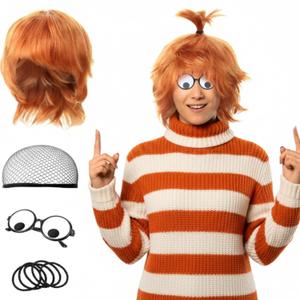 4pcs Halloween Costume Accessories 2025 Set Orange Crazy Wig Googly Eye Glasses, Black Hairbands & Ponytail for Women Man Adults Cosplay Character Funny Dress up Cosplay Party