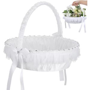 STOBAZA White Flower Girl Basket for Wedding, Lace Handle Bowknot Fairy Petal Basket for Girls and Kids, Wedding Decoration and Party Supplies
