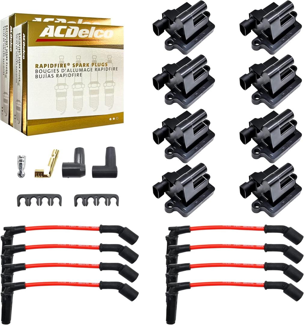 MAS Set of 8 Square Ignition Coil Pack UF271 & OEM ACDelco 6 Platinum Spark Plugs & 8.5mm Wires Compatible with Chevy Silverado Suburban Tahoe H2 GMC Yukon Sierra Envoy Replacement for 52-1618 5C1083