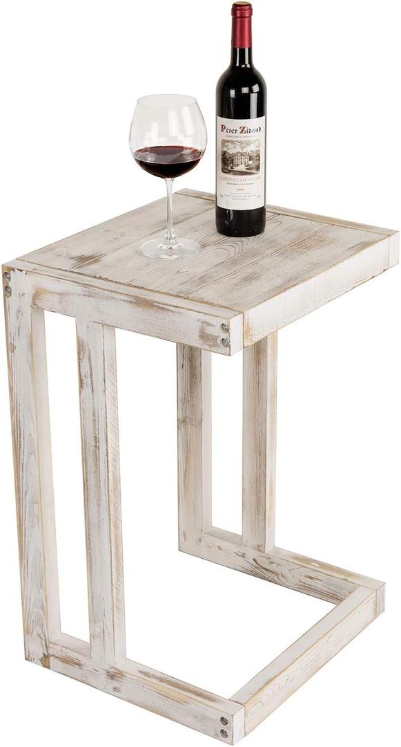 MyGift Shabby Whitewashed Wood C Shaped Side Table End Table, Under The Couch TV Table for Living Room