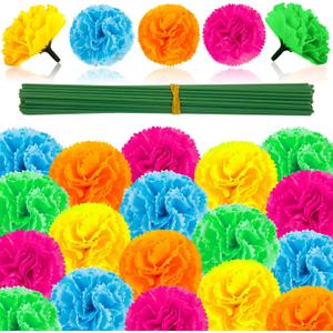 Labeol 50PCS Marigold Flowers Artificial Marigold Flowers Heads Bulk Mexican Decoration Silk 5 Colour Marigold Garland with Stems for Day of The Dead Halloween Diwali Party Decorations Home Decor