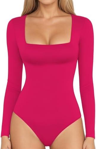 MANGOPOP Women's Square Neck Short Sleeve Long Sleeve Bodysuit Sexy Body Suits Shirt Slim Fitted Tops Size Medium, Hot Pink