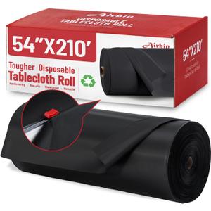 Plastic Tablecloth Roll, 210 Ft x 54 in Black Plastic Table Cloth Disposable Table Cover Roll, Premium PEVA Material, Waterproof with Cutter, Ideal for Banquets, Festivals, Parties