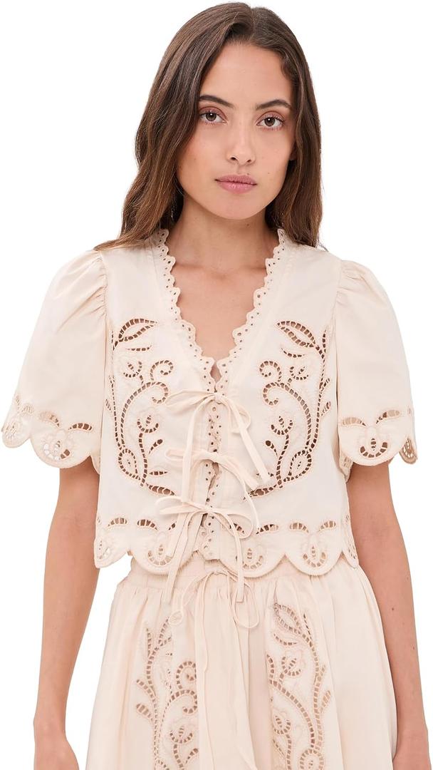 MOON RIVER Women's Short Sleeve Embroidered Eyelet Front Tie Top (Cream, L)