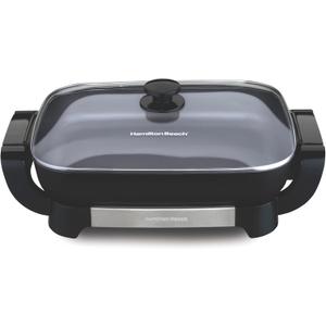 Hamilton Beach Electric Skillet with PFAS-Free Durathon Ceramic Coating, Removable 12x15 Pan, Adjustable Temperature, Reversible Design, Tempered Glass Lid, Black Nonstick Surface (38531)
