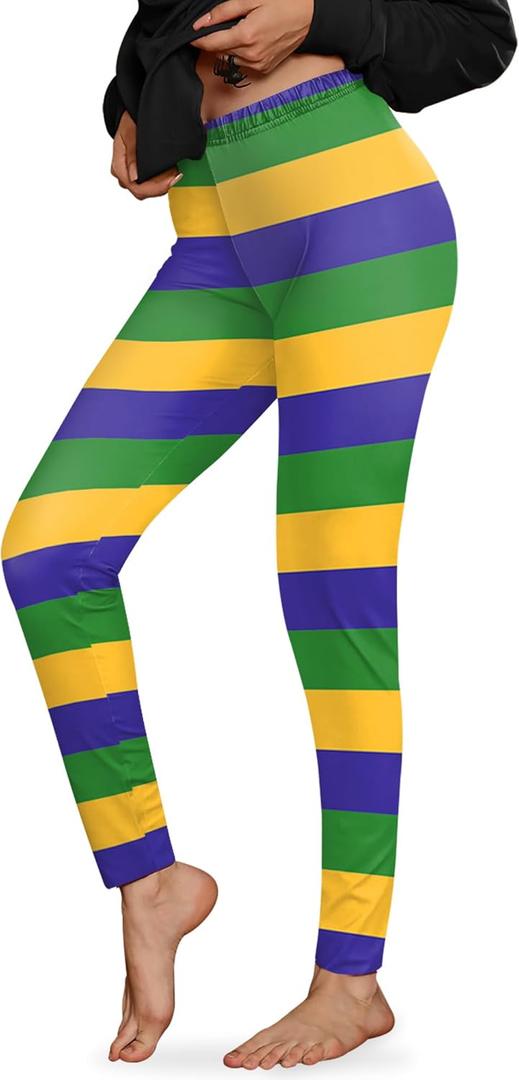 Women's Mardi Gras Carnival Striped Leggings Bold Colorful High Waist Tights Festival Pants Stripeds M (Green, M)