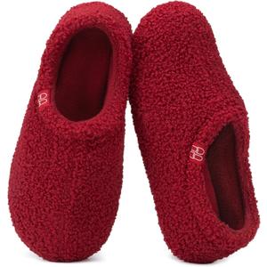 HomeTop Women's Fuzzy Curly Fur Memory Foam Loafer Slippers with Polar Fleece Lining (8.5, Wine Red)