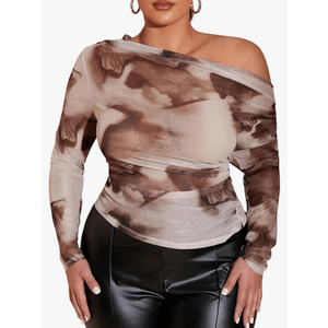 SweatyRocks Women's Plus Size Crop Tops Asymmetrical Neck Ruched Long Sleeve Mesh T Shirts Size L