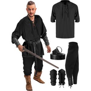 Jiuguva 4 Pcs Halloween Men's Renaissance Costume Set Medieval Pirate Shirt Ankle Banded Pants Viking Belt Accessories (XX-Large, Black)