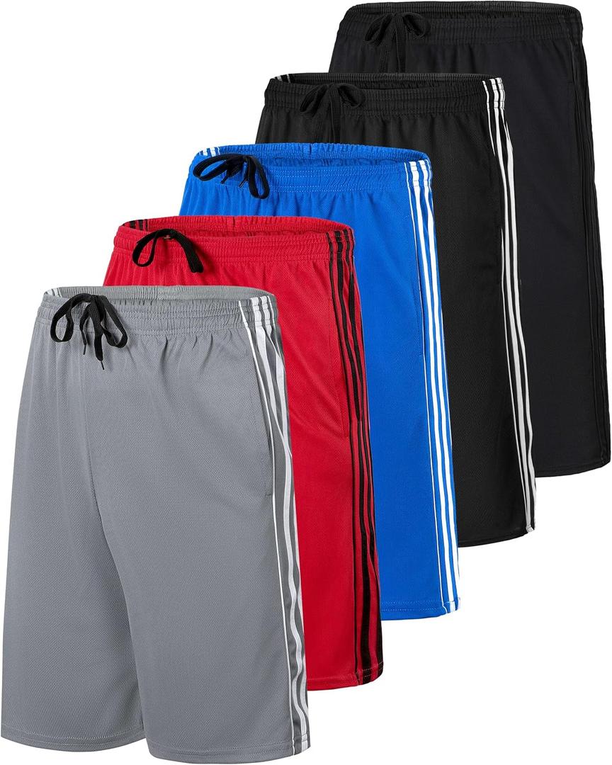 Real Essentials 5 Pack: Mens 9" Mesh Shorts Athletic Gym, Workout, Basketball, Running, Casual Lounge Activewear Pockets (XL)
