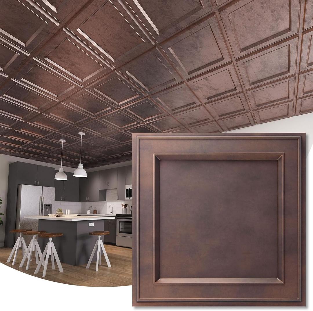 WOWSTAR 12-Pack 24"x24" Drop Ceiling Tiles, Waterproof Glue up Ceiling Panels, Modern Style 3D Wall Panels, Antique Copper, 2x2ft