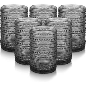 Hobnail Drinking Glasses Set of 6,15 oz Vintage Glassware Set Cocktail Glass Set, Embossed Grey Water Tumbler,for Beer, Whiskey,Juice and Various Mixed Drinks (15OZ Grey)