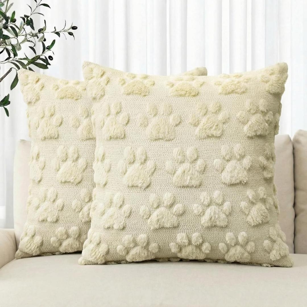 AVOIN colorlife Spring Pet Dog Paws Beige Throw Pillow Covers, 18 x 18 Inch Soft Plush Faux Fur Jacquard Cushion Case Farmhouse Decoration for Sofa Couch Set of 2