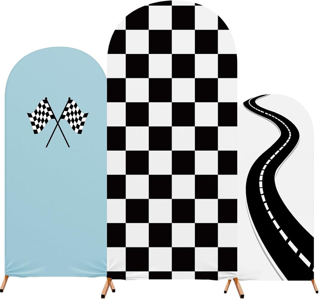 3 Pack Racing Car Theme Fast Party Arch Backdrop Covers Set of 4ft, 5ft, 6ft Black White Racing Theme Checkered Spandex Arch Cover for Birthday Wedding Baby Shower Party Decor(Blue)