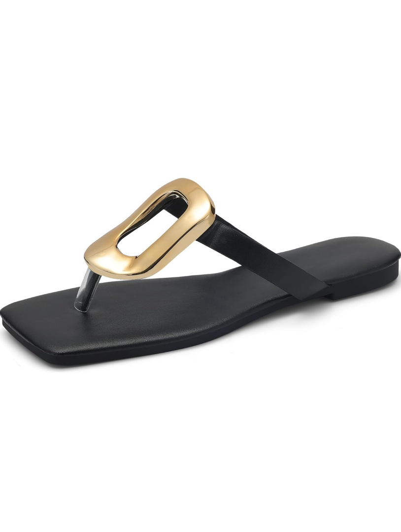 Womens Flat Sandals Leather Comfortable Flip Flops Slide Summer Beach Shoes with Metal Decoration 39