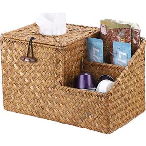 Sumnacon Square Woven Tissue Box Cover - Decorative Cube Tissue Box Holder with Side Organizer, Rustic Seagrass Tissue Box for Living Room Vanity Night Stand Table Countertop Office,Caramel