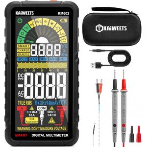 KAIWEETS Smart Multimeter Rechargeable Electrical Tester with Auto Ranging Digital Voltmeter Measures Voltage Current Resistance Continuity Capacitance Temperature Frequency NCV 6000 Counts TRMS (KM602 Full-Screen Smart Multimeter, Black)