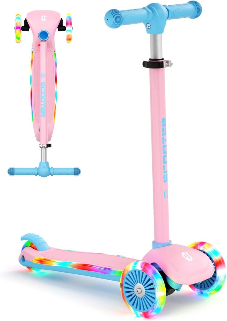 XJD Toddler Scooters for Kids 3-8, 3 Wheel Scooters for Kids 110lbs, LED Light-Up Wheels and Side, 3 Adjustable Height, Lean-to-Steer, Birthday Gift Toy for 3-8 Year Old Girl Boy