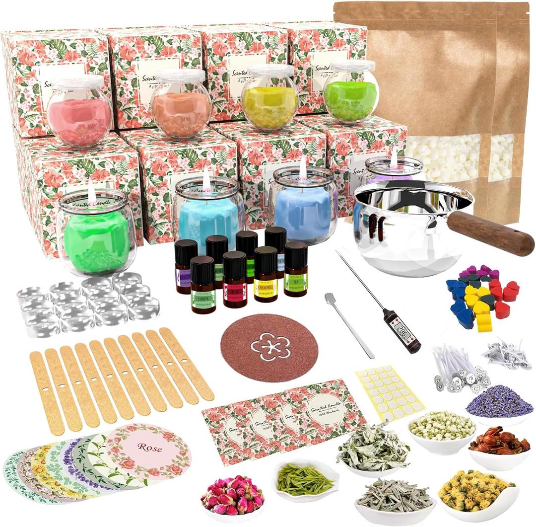 iloresin Candle Making Supplies Kit, Crafts for Adults, 100% Natural Essentual Oil Extracted from Plant, 100% Pure SoyWax, 6.8oz Big Cute Glass Jar, 8 Natural Herbs, Hobbies for Women