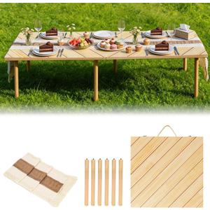 60" x 30" Folding Picnic Table with Boho Table Runner Wooden Low Table Portable for Indoor Outdoor Use Ideal for Camping Beach Weddings Garden Parties (Herringbone)