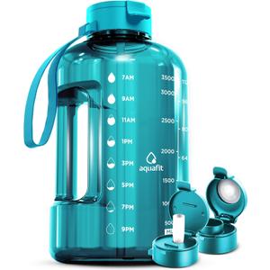 AQUAFIT 1 Gallon Water Bottle with Time Marker - Straw & Chug Lid - BPA Free Gym Water Bottle with Straw - Big Gallon Jug (Aqua, 128 oz - 2 Lids)