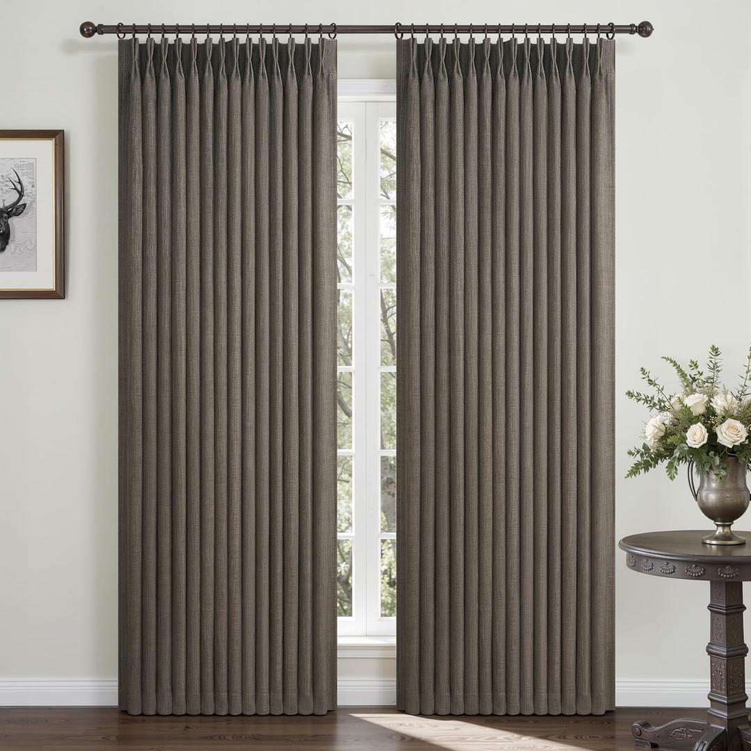 Chocolate Tart Pinch Pleated Curtains 2 Panels Set 90 Inches Long for Kids Room, Blackout Memory Trained Double Layer Thick Linen Soundproof Heat Blocking Nursery Coffee Windows Drapes 7-1/2 FT