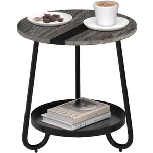 2 Tier Coffee Table in Living Room, Industrial Style Round Coffee Table with Metal Tray, Wood Small Outdoor Coffee Table for Bedroom Balcony Patio, Gray (Grey)
