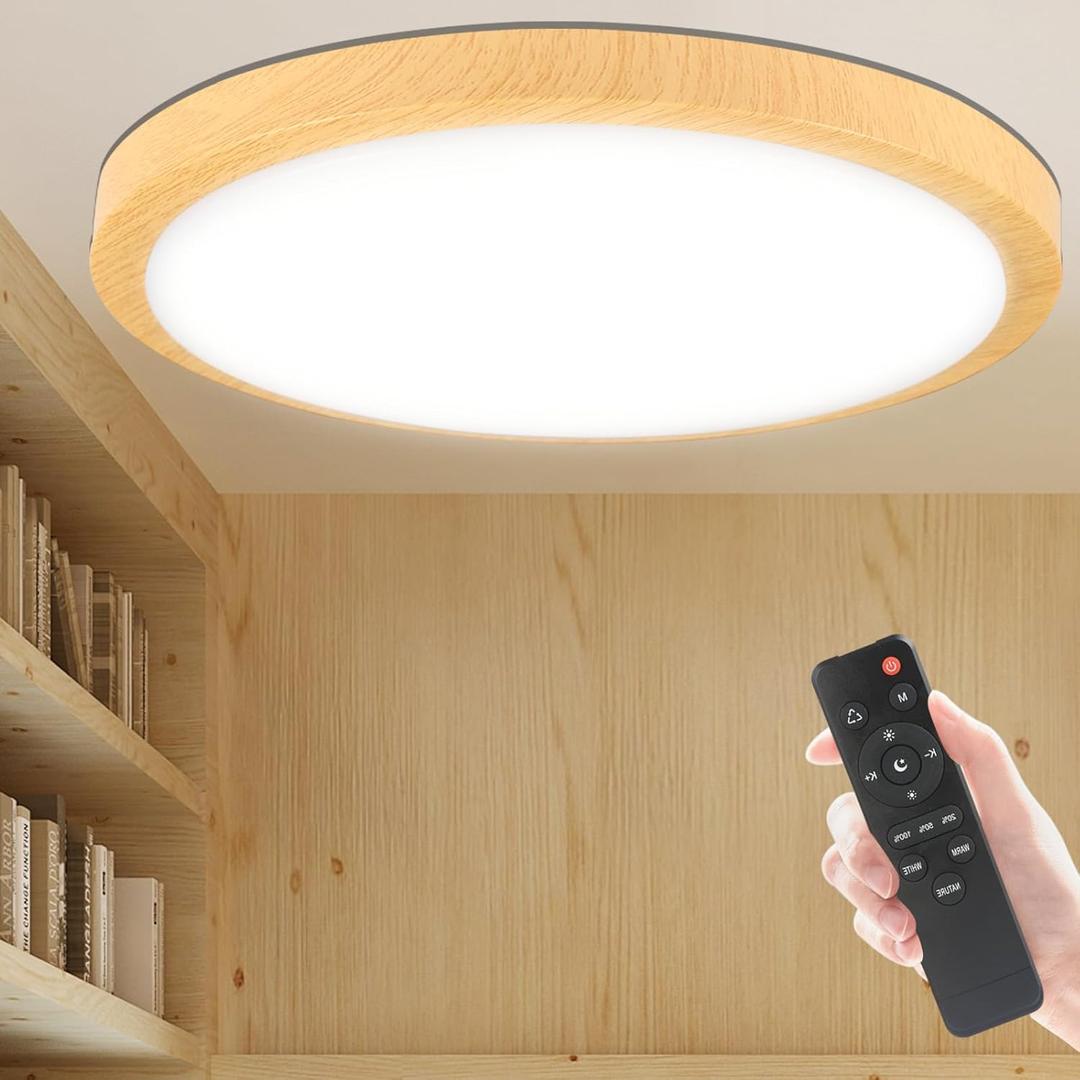 Modern Dimmable Wood Flush Mount Ceiling Light,13Inch 24W LED Ceiling Lights Fixturewith Remote,3000K-4500K-6500K Round Ceiling Lights for Bedroom Closet Hallway