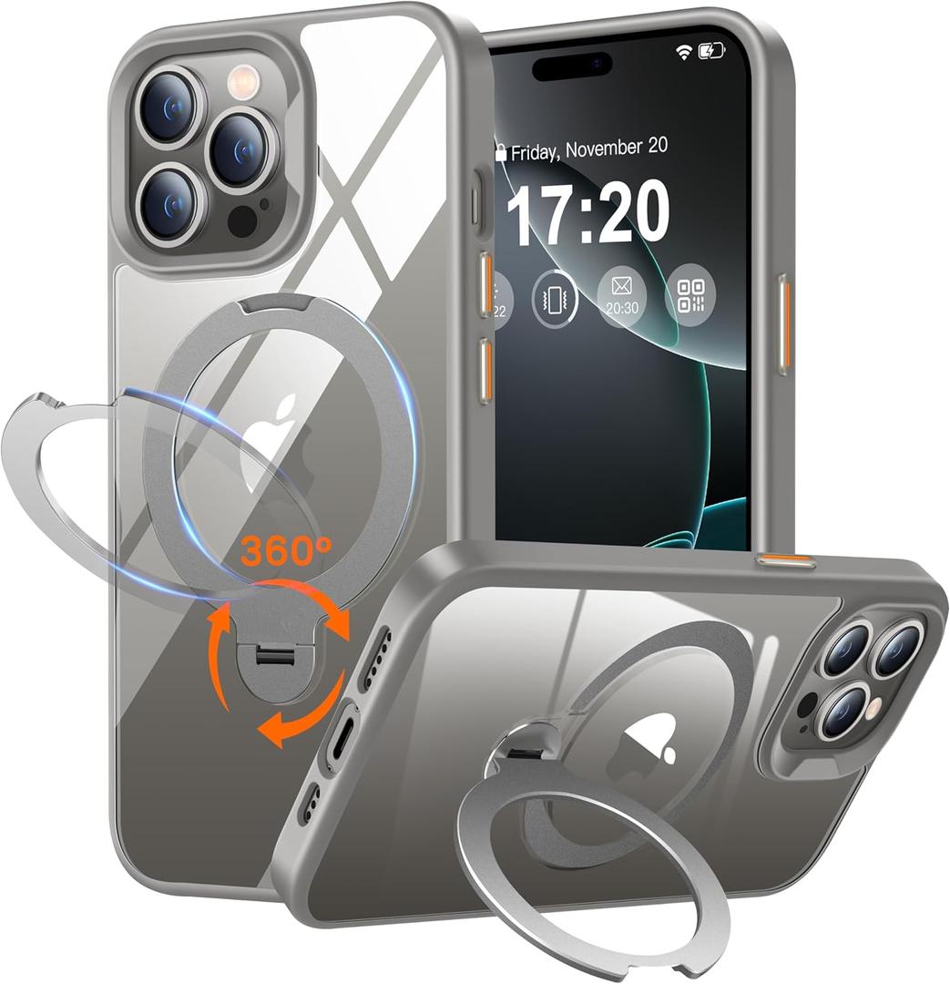 360 Rotatable Magnetic Stand for iPhone 16 pro Case Compatible with Magnetic 16FT Military Drop Protection, Anti-Scratch/Fingerprint Shockproof iPhone 16 pro Phone Case(Clear-Grey)