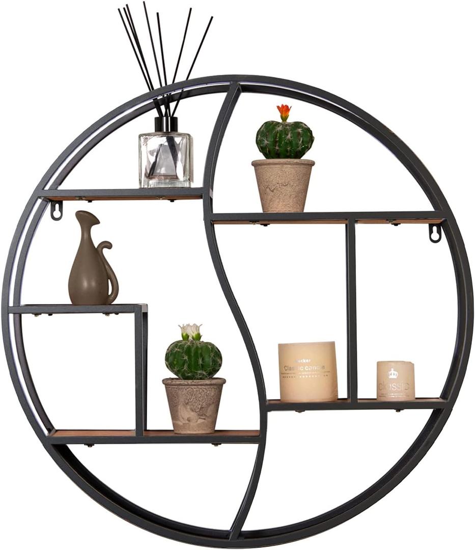 Round Wall Shelf, 24 Inch Metal & Wood Circular Floating Shelf, Black Mounted Display Organizer for Fireplace, Living Room, Bathroom