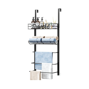 SWTYMIKI Over Door Towel Rack - 5-Tier Wall Mounted Towel Holder Storage Organizer with Metal Shelf for Bathroom, Black