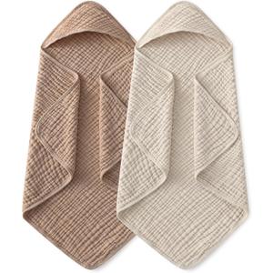 Yoofoss Hooded Baby Towels for Newborn 2 Pack 100% Muslin Organic Cotton Baby Bath Towel with Hood for Babies, Infant, Toddler and Kids, 32x32Inch, Soft and Absorbent Newborn Essential, Beige&Coffee