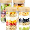DRKIO 24 Oz Overnight Oats Containers with Bamboo Lids - 4 Pack Glass Storage Jars with Airtight Lids Wide Mouth Mason Food Jars Great for Meal Prep Salad Chia Pudding Snacks Yogurt Sugar Spice