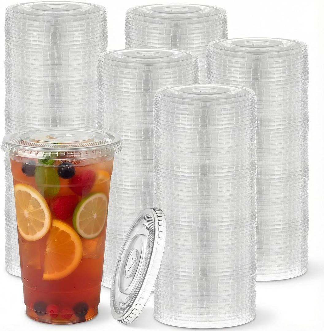 200 Clear Flat Lids Plastic Disposable PET Cup Lids with Straw Slot Fits Fits 16 oz, 20 oz, 24 oz Cups for Cold Brew, Coffee, Beer, Ice Cream, Party Supplies