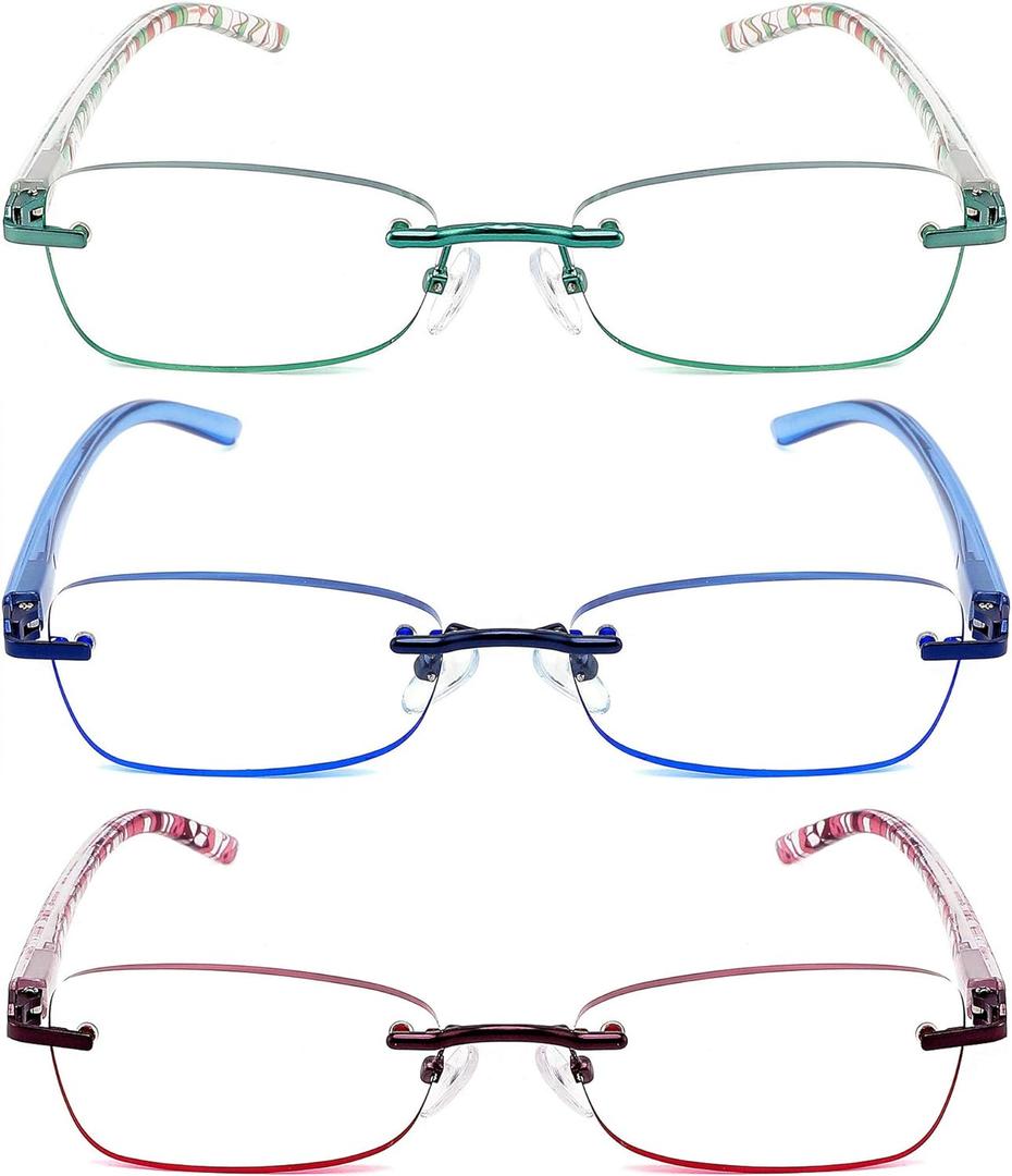 JJWELL 3 Pack Blue Light Blocking Reading Glasses for Women, Anti Eyestrain/ Computer Glare UV 400 Filter Readers with Spring Hinge, Lightweight Rimless Tinted Metal Blue Rays Eyeglasses (4.00)