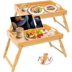 Greenual 2 Pack Bed Tray Table with Handles Folding Legs, Bamboo Breakfast Food Tray with Media Slot, Use As Platter, Laptop Desk, Snack, TV Tray Kitchen Serving Tray(Natural)