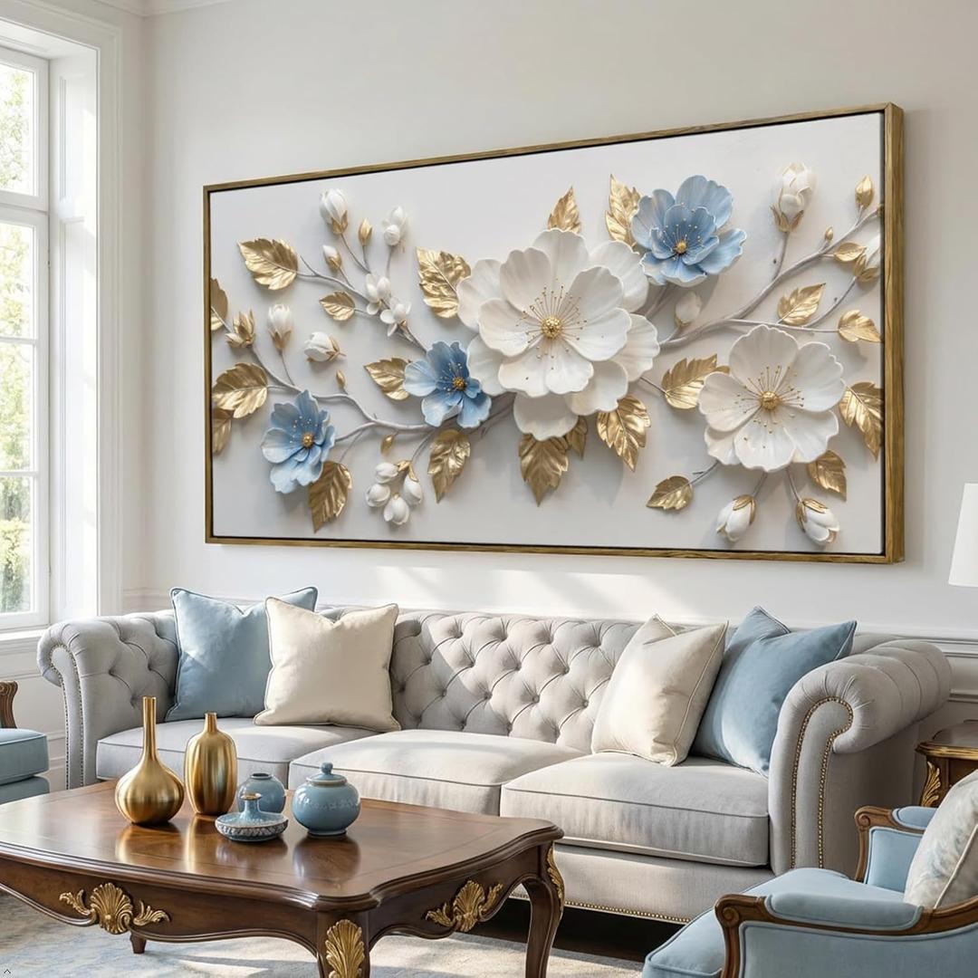 Blue Gold Floral Wall Art 57X28in Elegant Flower Canvas Print with Wood Tone Frame, Modern Gold Leaf Floral Framed Wall Decor for Living Room Bedroom Office, 58"L x 28"W