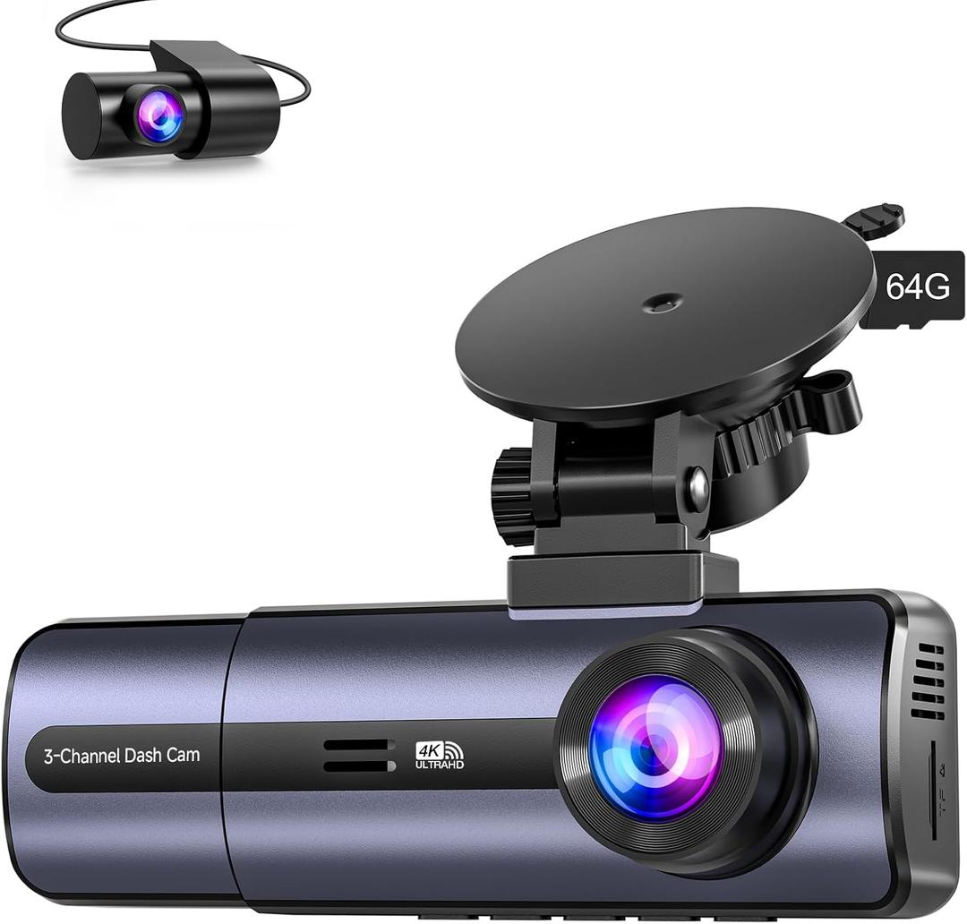 3-Channel 4K Dash Cam with WiFi, 4K+1080P+1080P Front/Inside/Rear, Night Vision, Parking Mode, 64GB Card Included