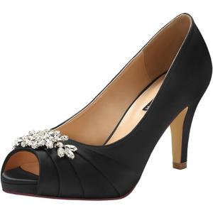 ERIJUNOR E0055 Peep Toe Mid Heels for Woman Rhinestones Satin Evening Prom Wedding Shoes Black, Size: 7.5