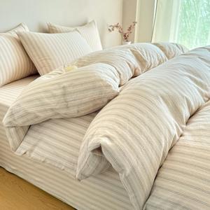 PinkMemory Beige Striped Duvet Cover Set Queen 100% Washed Cotton Beige Wide and Pinstriped Pattern Bedding Duvet Cover Set with Streak Pillowcases-Ultra Soft Breathable Zipper Closure Corner Ties
